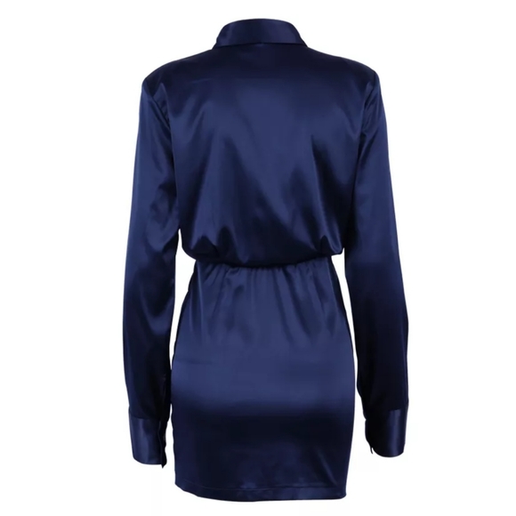 Sapphire Blue Long Sleeve Button Down Satin Effect Mini Dress - Picture 6 of 16